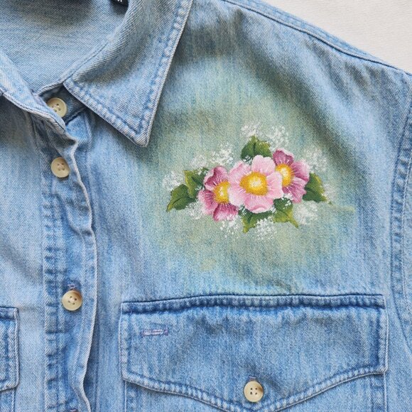 Vintage Denim Shirt Teddy Bear Floral Short Sleeve Spring Summer Cute Teddy Core - Picture 5 of 13